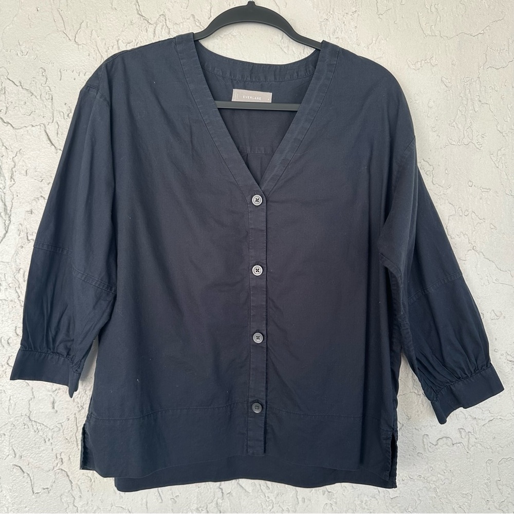 EVERLANE Shirt Top Women 4 Lantern Button Down V Neck 3/4 Sleeve